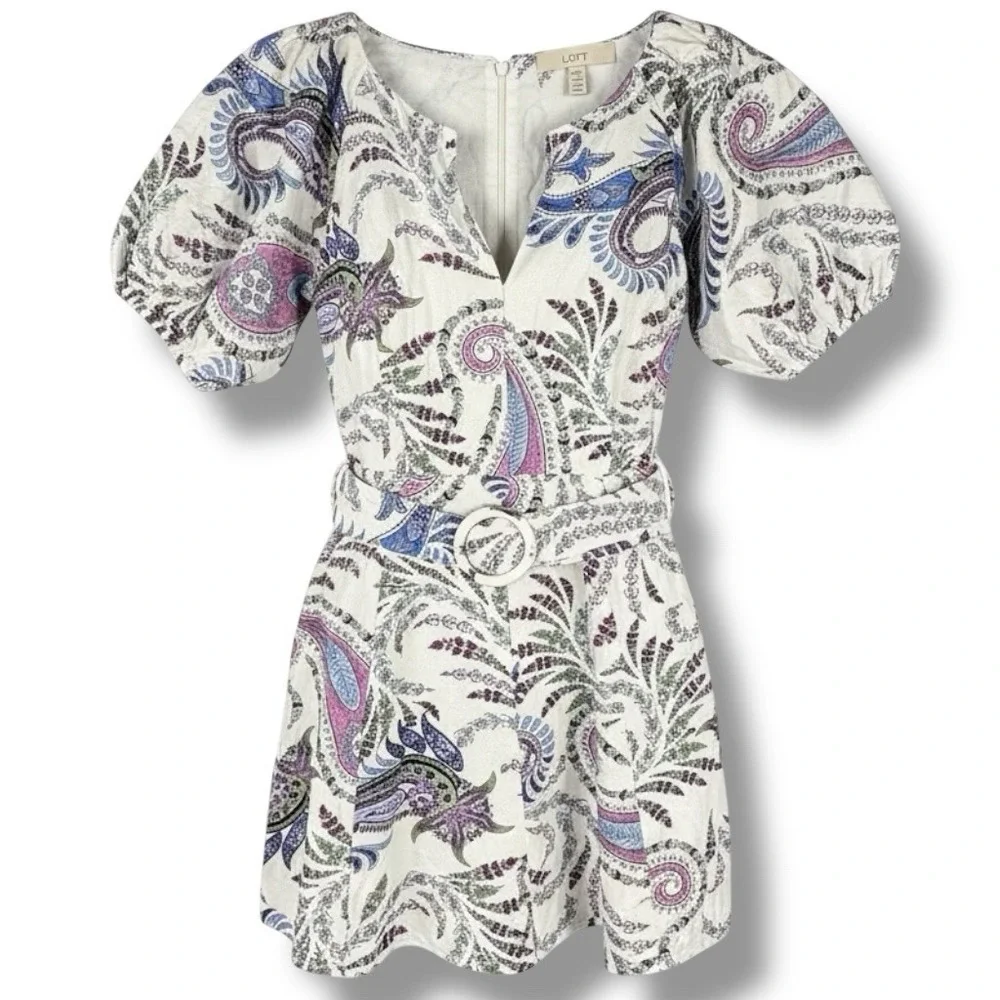 Loft Paisley Linen Blend Belted Puff Sleeve Dress Women's‎ Size 0 Lined V-Neck